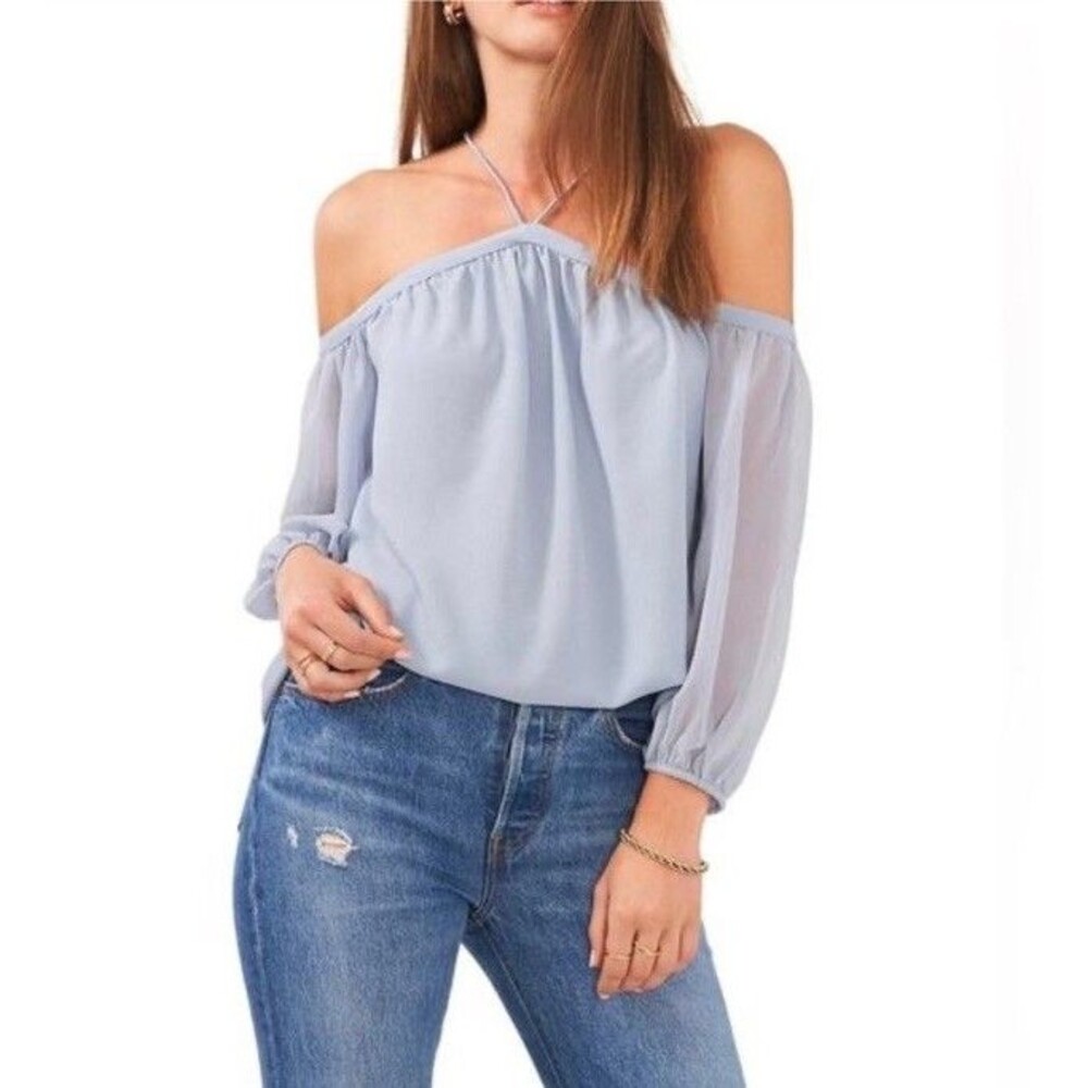 1.STATE Women's Dusty Blue Halter Off-The-Shoulder Chiffon Blouse -Medium - NWT